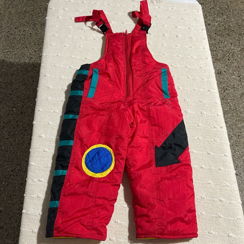 Vintage Ski Snow Suit Bibs Neon Color Red Steep Slopes 80's 90's Rare Find  3T